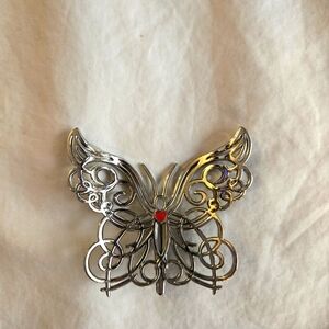 Vintage Silver Tone Metal Butterfly Filigree  Coquette Brooch Red Heart Clip